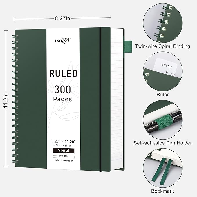 RETTACY Spiral College Ruled Notebook, 300 Pages, A4 Large Size (8.2" x 11.2"), for School, Work, Writing, Journaling, 100 GSM Thick Paper, Flexible Plastic Cover (Deep Green)