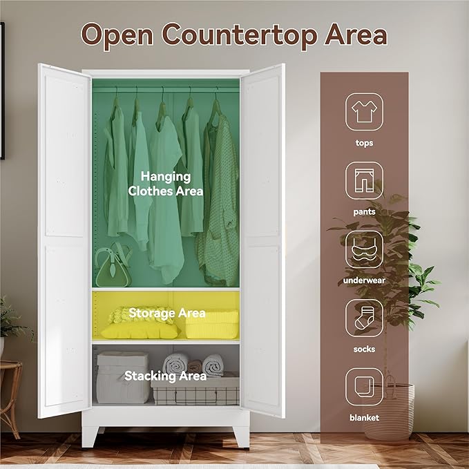 Farmhouse Wardrobe Cabinet,Metal Wardrobe Closet with Hanging Rod,Metal Armoire with Adjustable Shelves for Bedroom,Living Room, Cloak Room,Office (White)