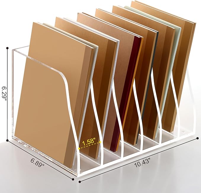 SANRUI Acrylic Desk File Organizer, 6 Vertical Compartments Clear Magazine File Holder Workspace Sorters, Folder Rack for Office Accessories Organization Storage