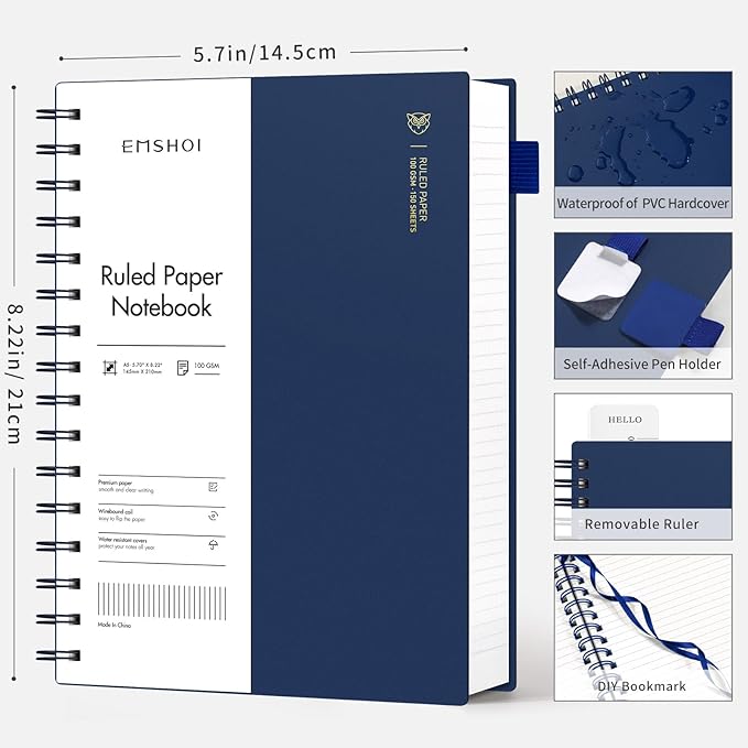 EMSHOI A5 Spiral Notebook College Ruled Lined Journal, Small 5.7" X 8.22", 300 Pages/150 Sheets, 100gsm Thick Paper, Waterproof Hardcover, for Office School Women Men Work Writing Notes, Blue