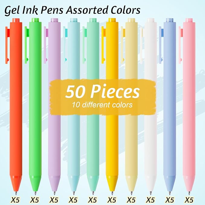 Crtiin 50 Pcs Gel Ink Pens Bulk Black Ink, Smooth Writing Cute Colorful Pens for Back to School First Day of School Teacher Student Server Office Supplies Staff Party Favor Gifts (Macaron)