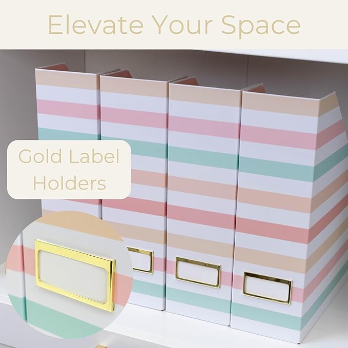 BLU MONACO Set of 4 Foldable Magazine Holders in Pastel Stripes – Sturdy Cardboard Vertical Organizers with Label Holders – Office File Storage Box, Desk Organizer, Paperwork and Document Holder