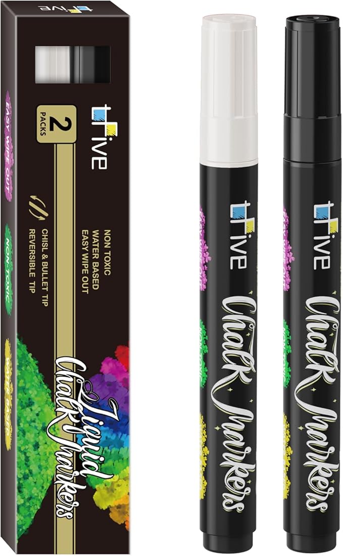 TFIVE White&Black Liquid Chalk Markers - 2 Pack Bright Colors Erasable Chalk Marker Pens, Reversible Tip, Non-Toxic, for Chalkboards, Signs, Glass, Easy to use Chalk markers TF800