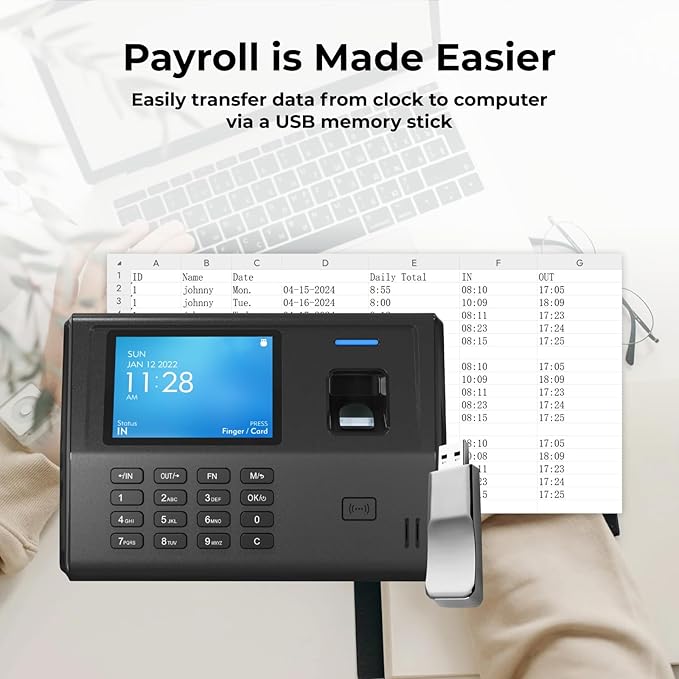 ANVIZ Time Clocks for Small Business Employees - No Monthly Fee No Software Required - Fingerprint Biometric Clock in and Out Machine - Right Out of The Box, Finger + RFID + Pin Punching