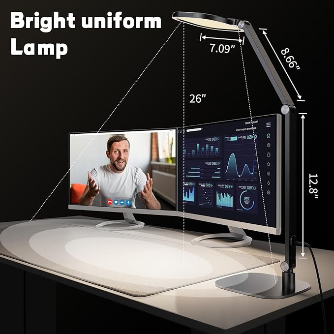 LED Desk Lamp for Home Office, Desk Light for Video Call, 3 Color Temperature 10 Brightness Computer Light, Dimmable Led Desk Light with Memory & Timer Func, Metal Swing Arm Table Lamp