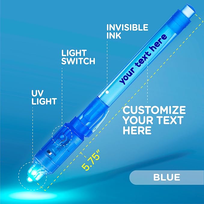 Personalized Invisible Disappearing Ink Pen Marker, Custom Secret Spy Message Writer with UV Light, Fun Activity Entertainment for Kid Party Favors Ideas Gifts and Stock Stuffers, 12 Pack, Blue