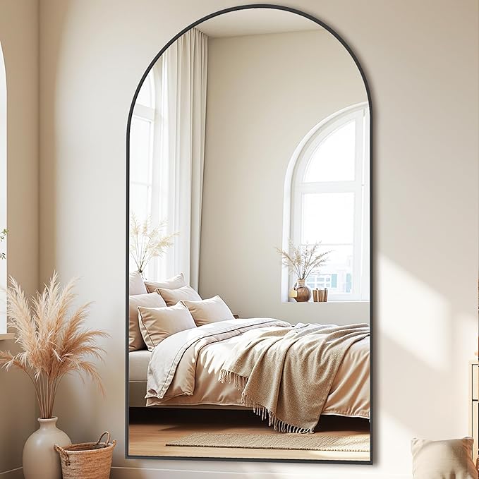 Full-Length Floor Mirror with Stand, 81"x41" Arched Style Full Body Standing Mirror for Bedroom, Living Room, Gym, Dorm - Shatter-Resistant & Easy Assembly, Black