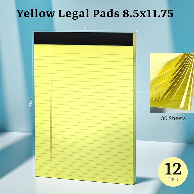 Yellow Legal Pad, 8.5 x 11 College Ruled Notepad, 12 Pack Legal Notepads 8.5 x 11 Writing Pads, 30 Sheets Per Note Pad, Micro Perforated Lined Paper 8.5 x 11 for Work Study Daily Note Taking List