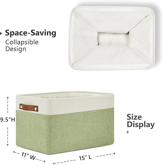 DULLEMELO Fabric Storage Bins for Laundry, Home, Foldable Storage Baskets for Shelves, Toys, Collapsible Storage Bins for Office,Bedroom(3-Pack Medium-15 inch X 11 inch X 9.5 inch , White&Green)