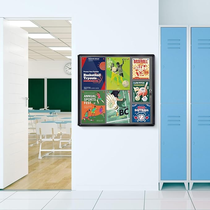 Enclosed Bulletin Board Lockable Display Case Message Board with Locking Door for Indoor, Grey Felt, Black Aluminum Frame, 38 X 28 in