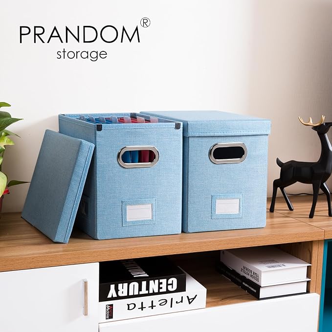 PRANDOM File Organizer Box - Set of 4 Collapsible Decorative Linen Filing Storage Hanging File Folders with Lids Office Cabinet Letter Size Blue (14x9.3x10.8 inch)