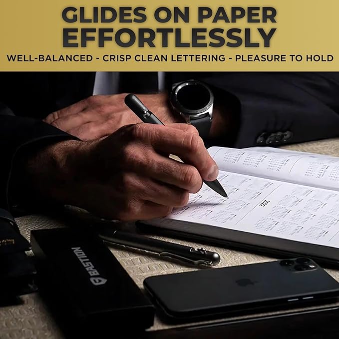 BASTION® Luxury Slim Bolt Action Pen, Durable EDC Pen with Fine Tip, Professional Ballpoint Pen for School and Work - Stainless Steel Black