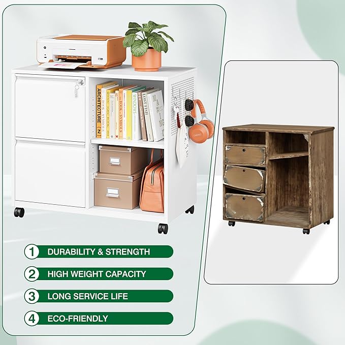 Metal File Cabinet,Lockable Lateral Filing Cabinet for Letter/A4 Size Files,Rolling Printer Stand with Adjustable Shelf & Lockable Wheelss for Home Office(White)