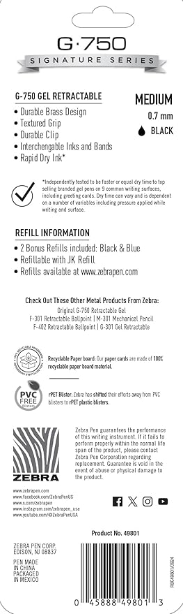 Zebra Pen G-750 Retractable Gel Pen, Pearl White Brass Barrel, Textured Grip, 0.7mm, 1-Pack with Refills (49801)