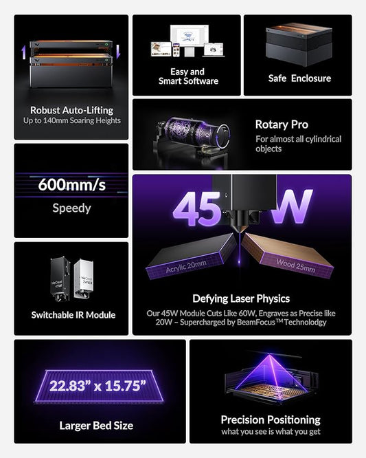 WECREAT Vision Pro 45W Laser Cutter and Engraver with Fume Extractor, HD Camera & Auto-Lifting, Laser Cutter Cuts 1” Wood, Full Enclosure Laser Engraving Machine for Wood and Metal, Acrylic, etc