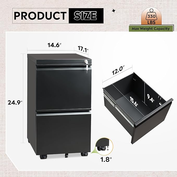 DEVAISE 2 Drawer Metal File Cabinet, Fully Assembled, Under Desk, Black, Lock, Fits Letter/Legal/A4 Size Files