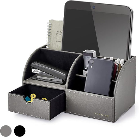 Vlando Office Desk Organizer Leather Desktop Organizer Caddy with Drawer for Storing Desktop Supplies and Accessories (Grey)