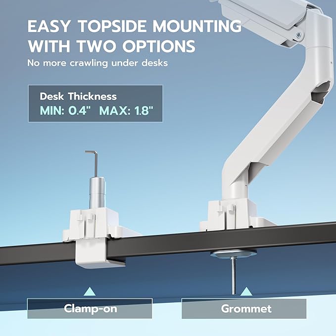 ARES WING Single Monitor Arm, Heavy Duty Adjustable Monitor Arm for 13"-45" Screens with USB, Gas Spring Desk Mount Stand with C Clamp/Grommet Mounting Base up to 40lbs Computer, White