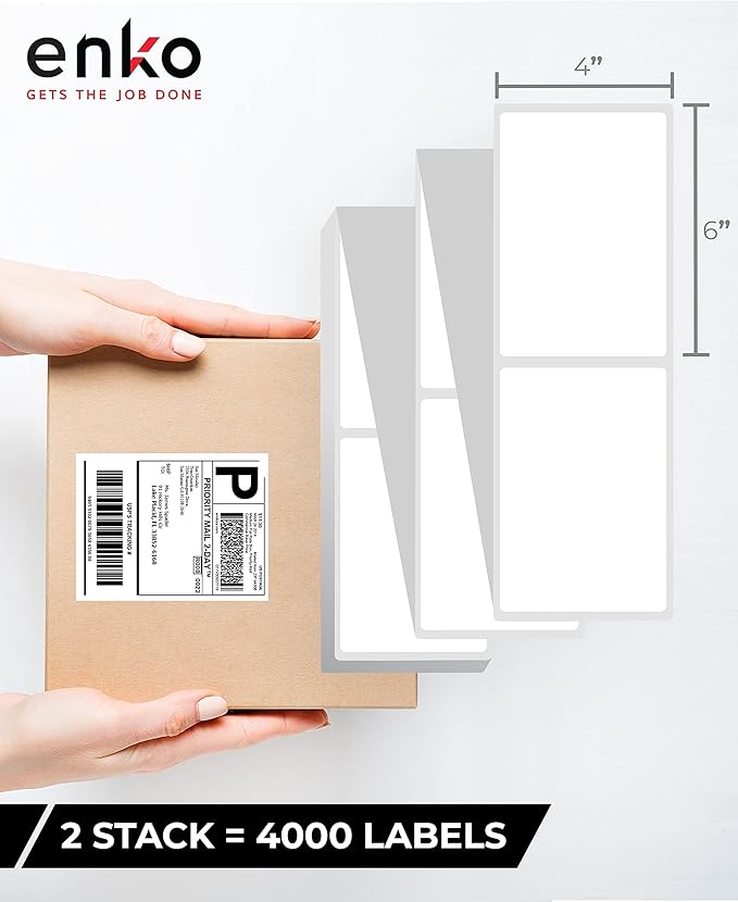 enKo 2 Stacks/4000 Labels 4" x 6" Fanfold Direct Thermal Labels Compatible for Rollo Zebra Printer - Shipping Mailing Postage Labels, Perforated, Permanent Adhesive (2 Labels/Fold | 2000 Labels/Stack)