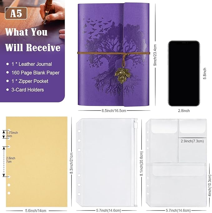 Leather Journals Notebooks with Blank Pages, Vintage Refillable Journal for Writing, Personal Travel Diary Art Sketchbook to Write in, Gifts for Women, Men, Teen Girls and Boys, 160 Pages (Purple, A5)