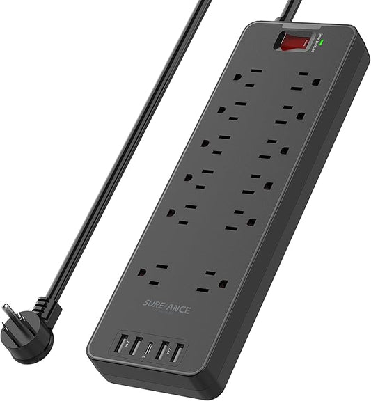 Surge Protector Power Strip - SUREANCE 12 Outlets Surge Protector Outlet Extender with 5 USB Ports, 6FT Flat Plug Extension Cord, 2100J, Mountable, Flat Plug, Heavy Duty, Widely-Spaced, ETL Listed