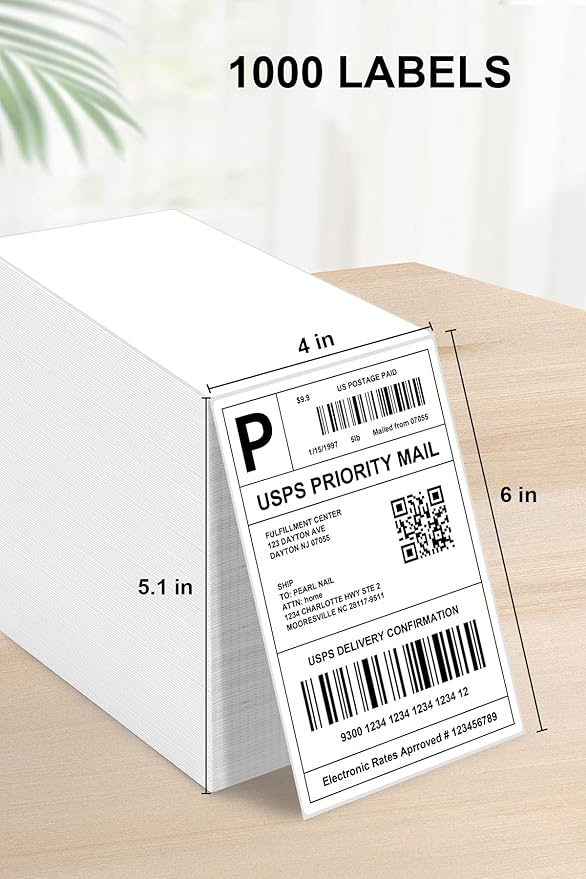 4x6 Thermal Labels - Waterproof Shipping Stickers for Thermal Printers, All-Purpose Label Stickers, White, 1000/Pack (4-Pack)