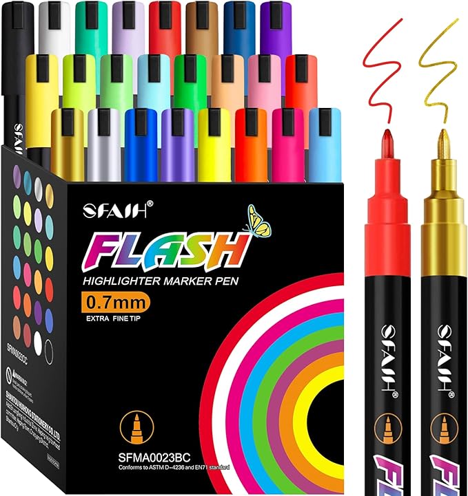 SFAIH Fine Tip Liquid Chalk Markers for Bhalkboard [1-Second Wet Wipe], 0.7-1mm 24 Colors [Neon+Pastel+Metallic], Chalk Pens for Chalkboard, Calendar, Windows, Glass, Includes Highlighter Color Marker