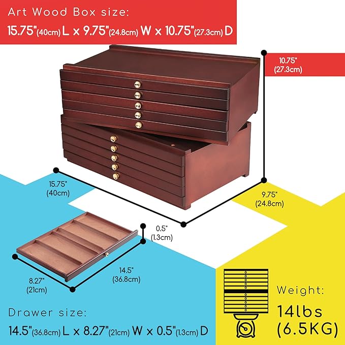 MEEDEN 10-drawer Wood Artist Supply Storage Box, Portable Beechwood Multifunctional Pencil Brush Organizer Wood Box with Drawer&Compartments for Pastels, Pencils, Pens, Makeup Brushes(Mahogany Color)