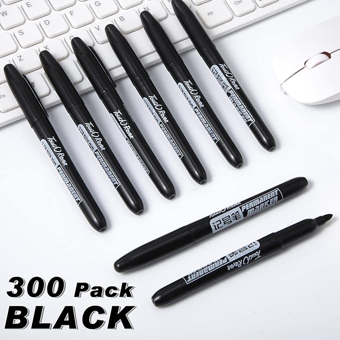 Thenshop 300 Pack Permanent Markers Bulk First Day of School Back to School Supplies Fine Point Waterproof Marker Works on Plastic, Wood, Stone, Metal, Glass for Office Classroom(Black)