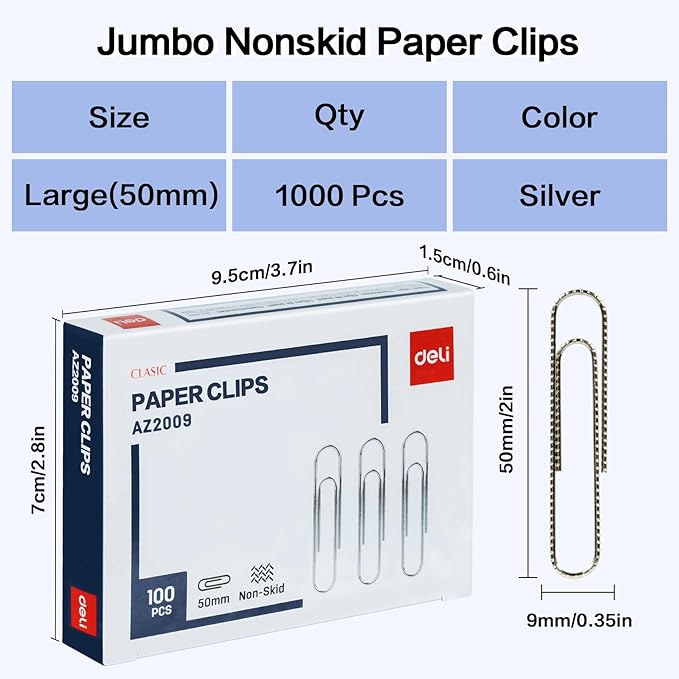 Deli Jumbo Paper Clips Nonskid, 1000 Large Paper Clips, 10 Boxes of 100 Each, Silver