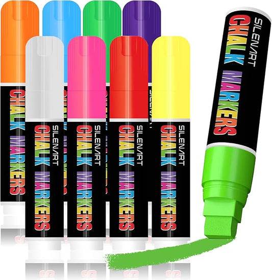SILENART Jumbo Chalk Markers - 8 Pack Fat Tip, 15mm, Liquid Chalk, Window Markers, Erasable, Washable