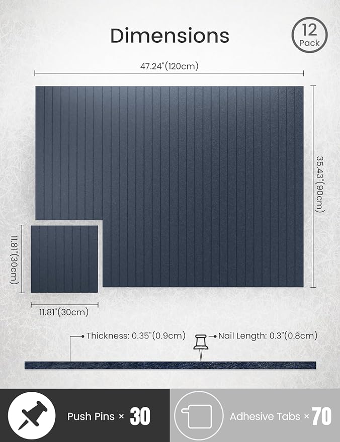 Bumusty Large Cork Board Alternative-47 x35 Felt Bulletin Board Tiles, with 30 Pushpins, 70 Adhesive Tabs, 12-Pack Slat Wall Paneling, Cork Boards for Office Push Pin Board Felt Board-Denim Blue