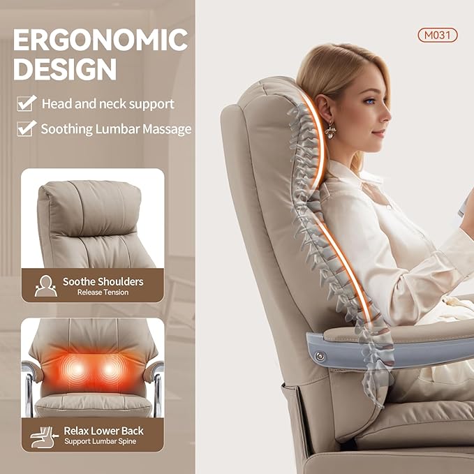 Executive Office Chair with Footrest,Sustainable Leather Electric Ergonomic Reclining Home Office Desk Chairs with Massage,Big and Tall Comfy Computer Chair with Wheels High Back 400LB,Khaki