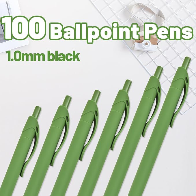 BallPoint Pens, 100 Pack (BLACK Ink),Bulk Pens, Green Barrel,Click Pens for Office Home and School, Retractable Ballpoint Pens, Medium Point, 1.00MM (Green)