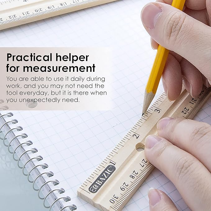 BAZIC Wooden Ruler 12" (30cm), Singel Metal Edge, Inches Centimeter Metric Measuring Drafting Rulers, for Students School Supplies (3/Pack), 1-Pack