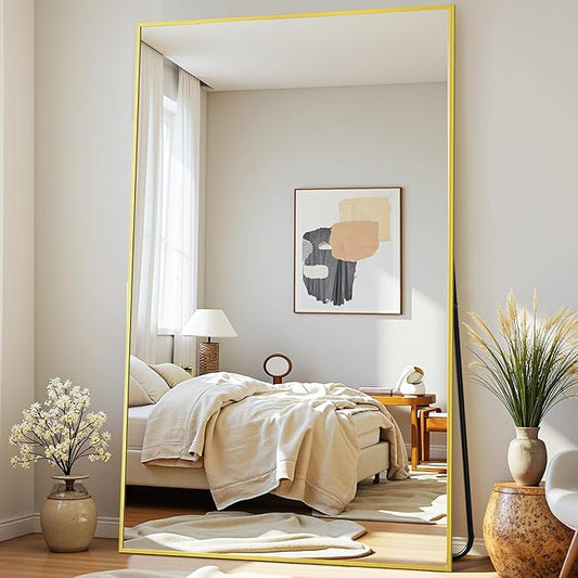 Full-Length Floor Mirror with Stand, 72"x44" Rectangle Style Full Body Standing Mirror for Bedroom, Living Room, Gym, Dorm - Shatter-Resistant & Easy Assembly, Gold