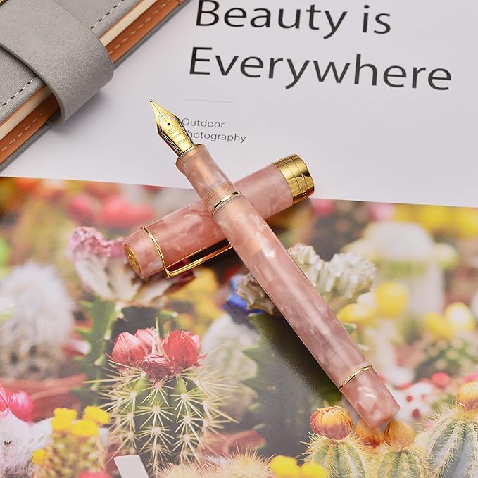 Jinhao 100 Fountain Pen Celluloid Classic Style, #6 Nib Smooth Writing Instrument with Refillable Converter and Pen Case Set