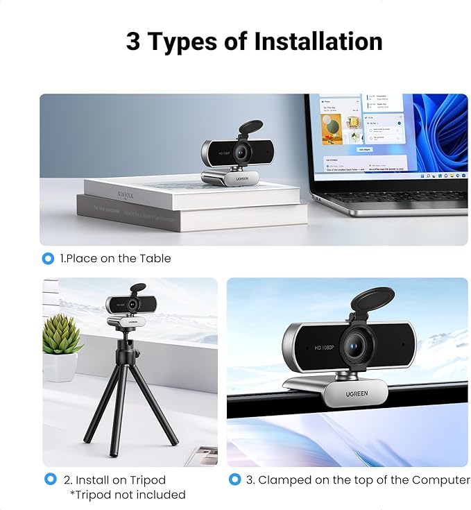 UGREEN Full HD 1080P Webcam with Microphone, 2 Noise-Canceling Mics, 85° Fov & Fixed Focus, Plug and Play, Auto Light Correction, Privacy Cover PC Camera for Zoom/Skype/Teams, Switch 2, Silver Gray