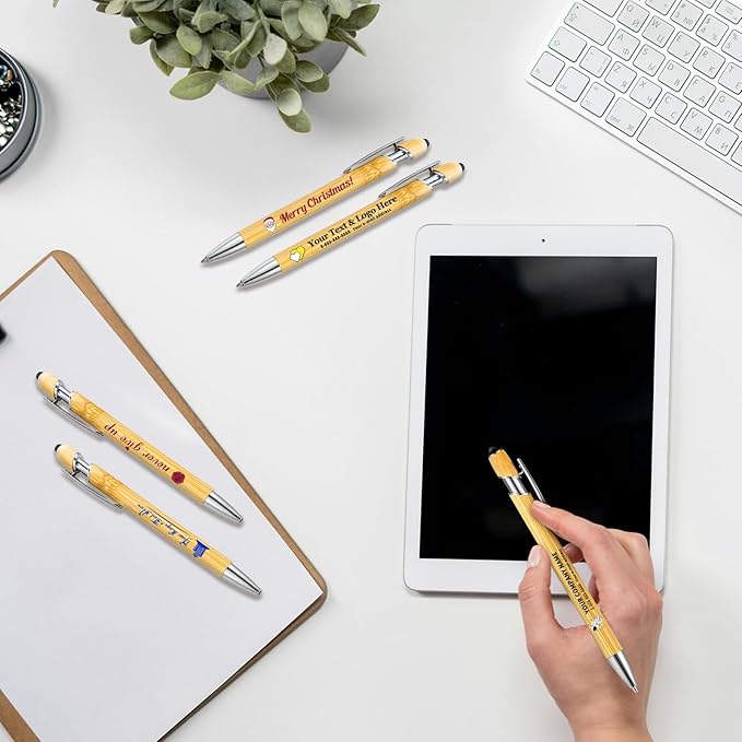 Personalized Pen Customizable Bamboo Pen with Stylus -Customizable Text Logo Name Ballpoint Pens with Black Ink-Personalized Gift Ideas for School Back Day Office Business Home(40 Count/Pack)