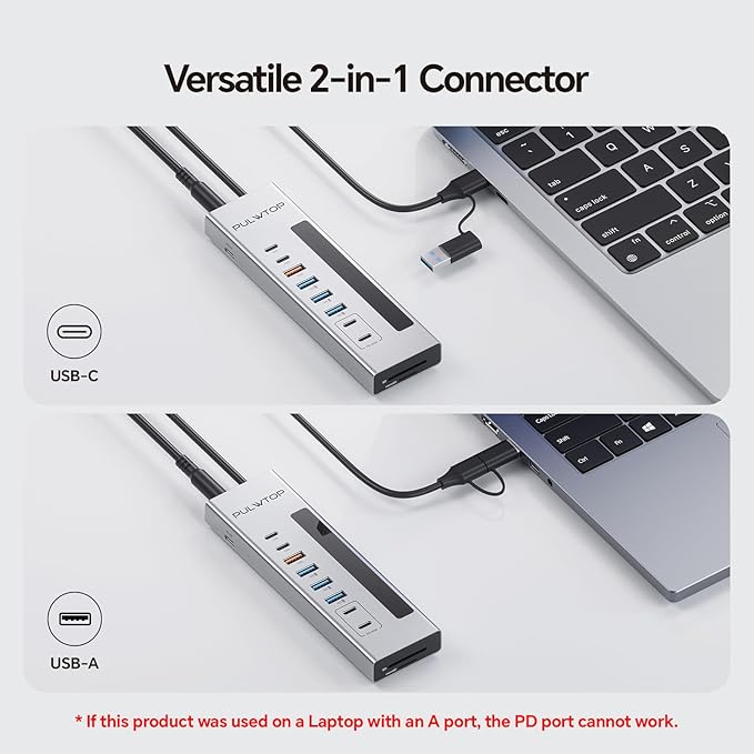 Powered USB C Hub, PULWTOP 11-in-1 USB Hub with SD/TF, 2*USB-C 10Gbps, 4*USB-A 5/10Gbps and 2 * 24/45W Type-C PD Charging Ports (Not Support Video), USB Powered Hub (72W DC Adapter Included)