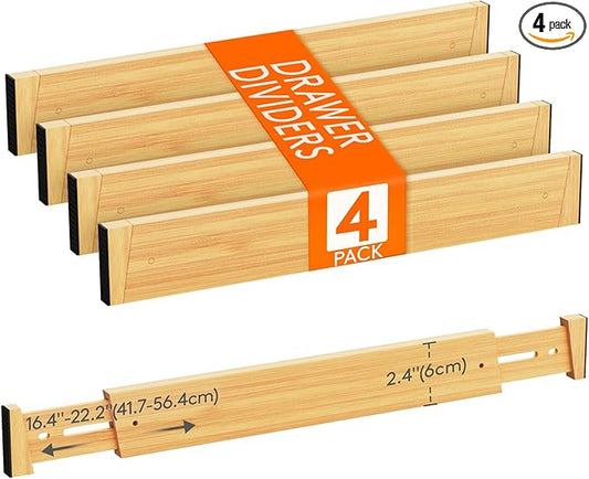 Lifewit 4 Pack Drawer Dividers Bamboo 2.4" High, 16-22" Adjustable Drawer Organizers for Clothes, Wooden Dresser Separators in Bedroom/Bathroom/Kitchen/Fridge/Office Organization and Storage