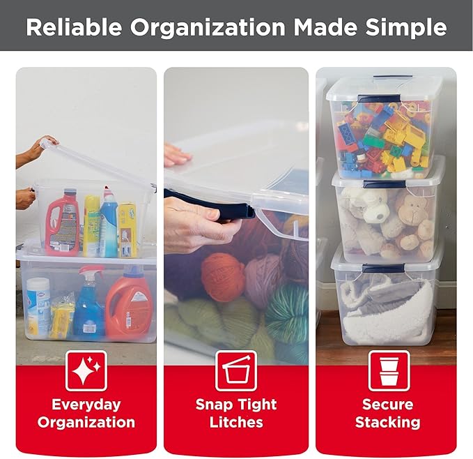 Rubbermaid Cleverstore Clear 32 Qt, 6 Pack Stackable Plastic Storage Containers with Durable Latching Clear Lids, Visible Storage, Great for Closet and Laundry Storage, Organizing in the Home
