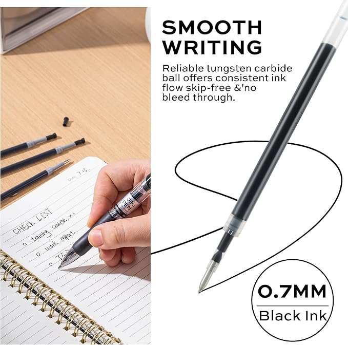 deli Gel Pen Refills, 60 Pcs Retractable Pen Refills Black Ink, Medium Point 0.7mm, Smooth Writing, Fast Dry, No Bleed for Journaling Note Taking, Home School Office Supplies