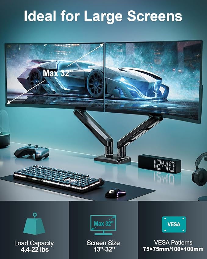 Dual Monitor Mount for 2 Monitors up to 32 inches, Height Adjustable Gas Spring Double Computer Stand, Two Display Desk Mount Holder, Each Monitor Arm Holds Max 22lbs, VESA Mount, Black, Freelift Pro