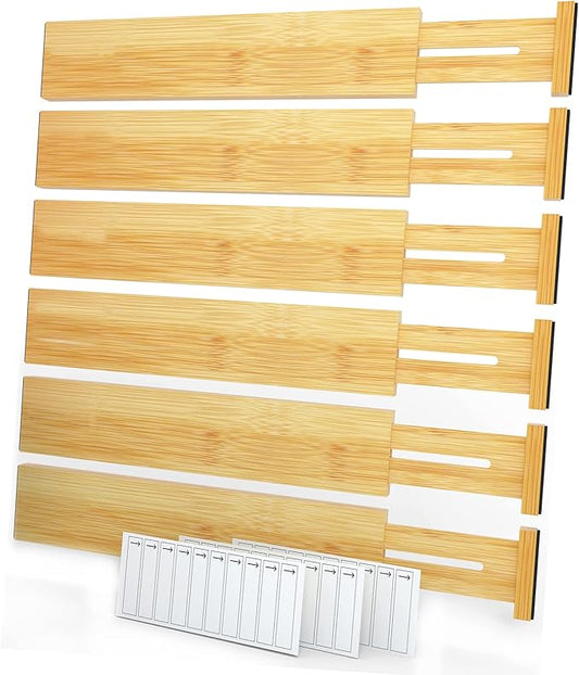 SpaceAid Bamboo Drawer Dividers with Labels, Kitchen Adjustable Drawer Organizers, Expandable Organization for Home, Office, Dressers and Bathroom, 6 Dividers (13.25-17 in)