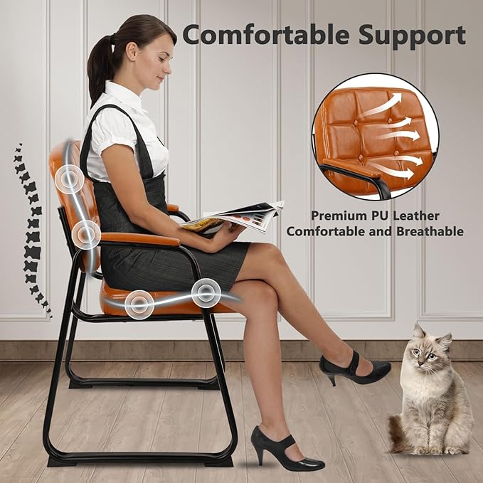 CLATINA Office Guest Chair, Leather Reception Chairs with Padded Arms, Desk Chair No Wheels Stationary for Conference Lobby Waiting Room Training Side Elderly, Set of 8-Orange