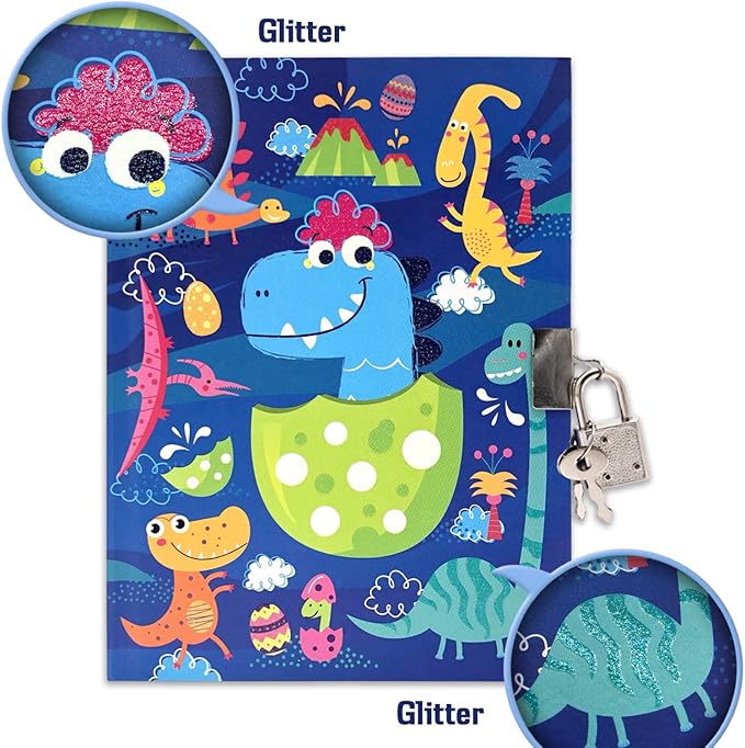 Boys Diary with Lock for Kids, 7x5.25 Inches 160 Lined Pages Secret Blue Dinosaur Notebook for Kids Journal with Lock for Boys Pre School Writing Drawing Cute Kids Gifts for Birthday