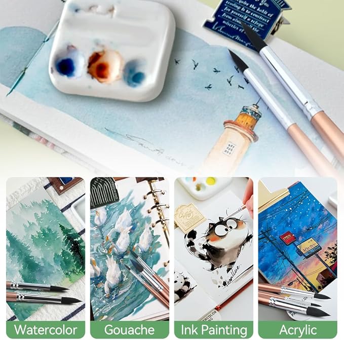 Transon 8pcs Round Watercolor Paint Brush Set Goat Hair for Watercolors,Acrylics,Inks,Gouache,Oil and Tempera