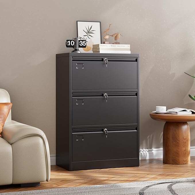 Metal 3 Drawer Lateral File Cabinet with 3 Lock - Wide Filing Cabinet for Letter/Legal/F4/A4 Hanging Files - Includes Business Card Holder,Home Office School Storage,Black