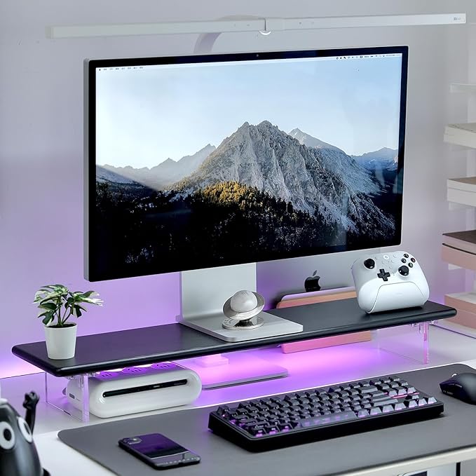 Bamboo Monitor Stand Riser with RGB Lights,31.5 Inches Desktop Shelf with Acrylic Legs Supports for Desk, PC Computer Monitor, Laptops, Printer, Speakers (Black)